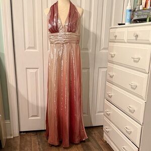 David Meister Metallic Pink Ombré Halter Neck Gown Size 12